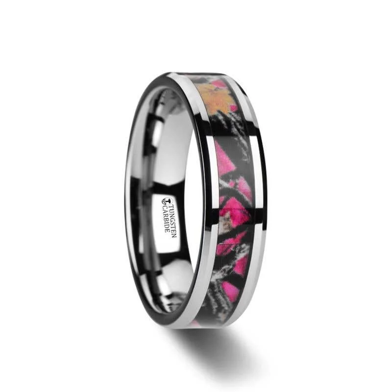 personalized necklaces for women -Thorsten JULIET Realistic Tree Camo Tungsten Carbide Wedding Band with Real Pink Oak Leaves - 6mm - 8mm