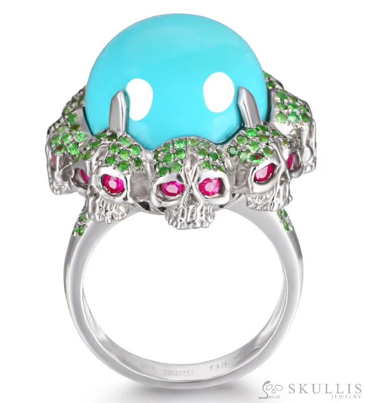 vintage wedding rings for women -Gem Skull Ring of Round Cut American Turquoise & Skulls with Ruby Eyes in 925 Sterling Silver