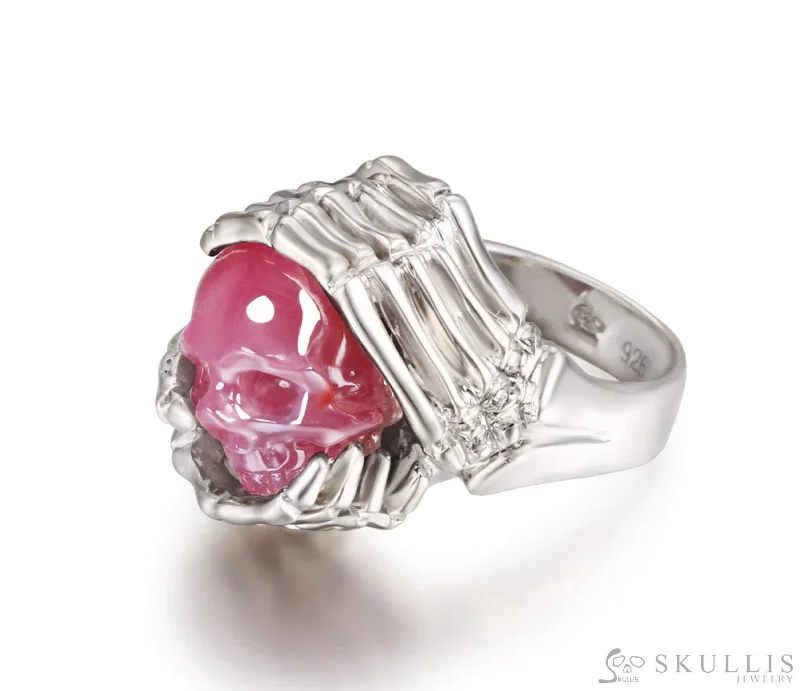 classic rings for women -Gem Skull Ring of Ruby Carved Skull with Skeletal Hands in 925 Sterling Silver