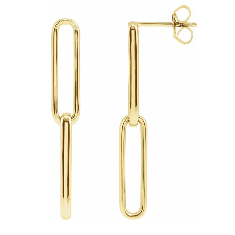 gold hoop earrings for women -14K Yellow Gold Elongated Flat Link Dangle Post Earrings, 5 x 34mm