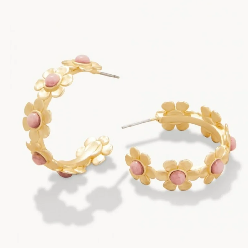 modern earrings for women -Primrose Hoop Earrings - Available in Pink Rhodonite, Recycled Blue Chalcedony, or Pearl