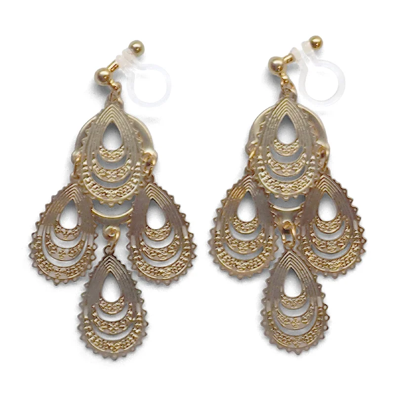 trendy crystal earrings for women -Dangle gold filigree invisible clip on earrings