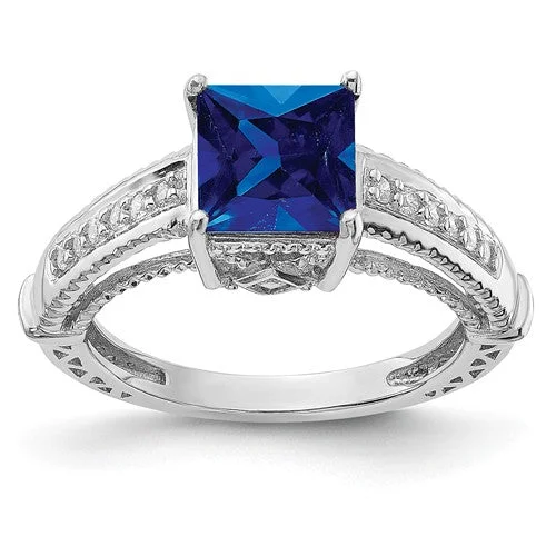 chic necklaces for women -Sterling Silver Lab-Created Blue Sapphire Square Princess & CZ Ring