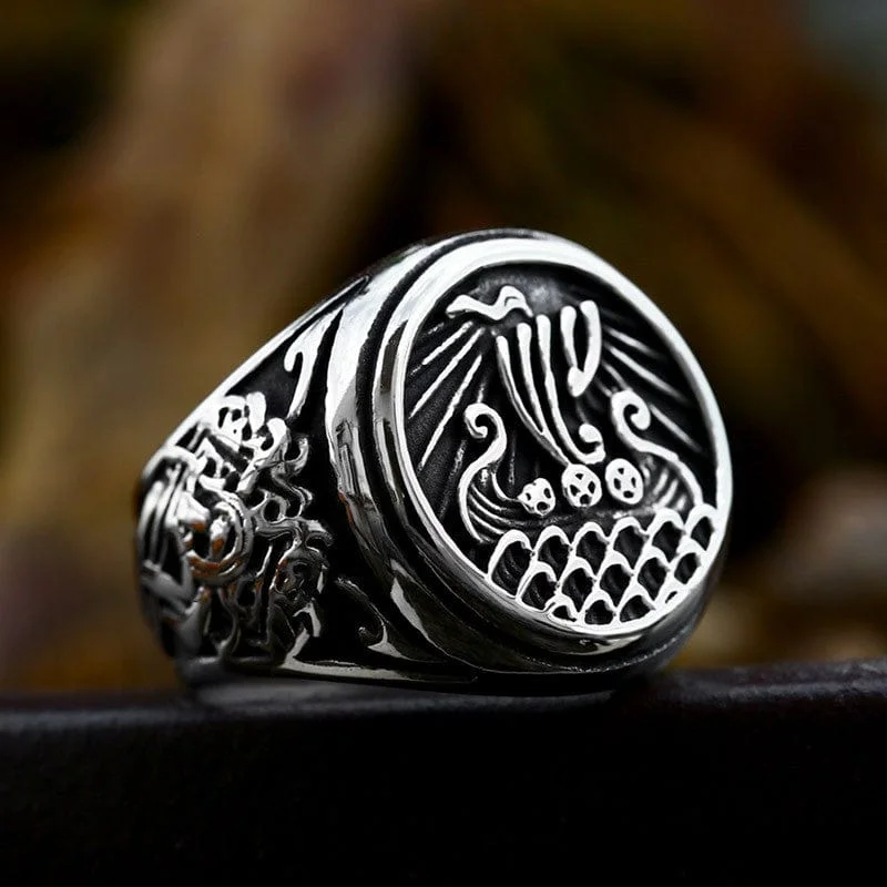 round-cut rings for women -Men's Punk Pirate Ship Ring