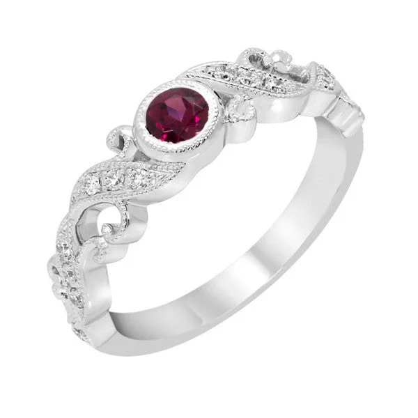 trendy chain necklaces for women -14k White Gold Ruby Bezel and Diamond Filigree Ring