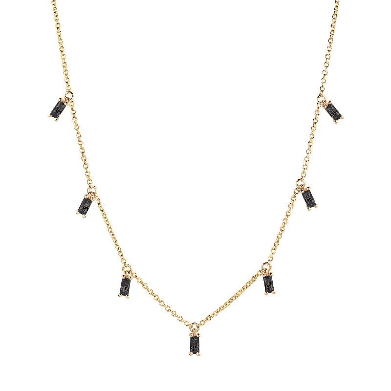 modern pendant necklaces for women -Princess Baquette Gold Plated Necklace w. Black Zirconias