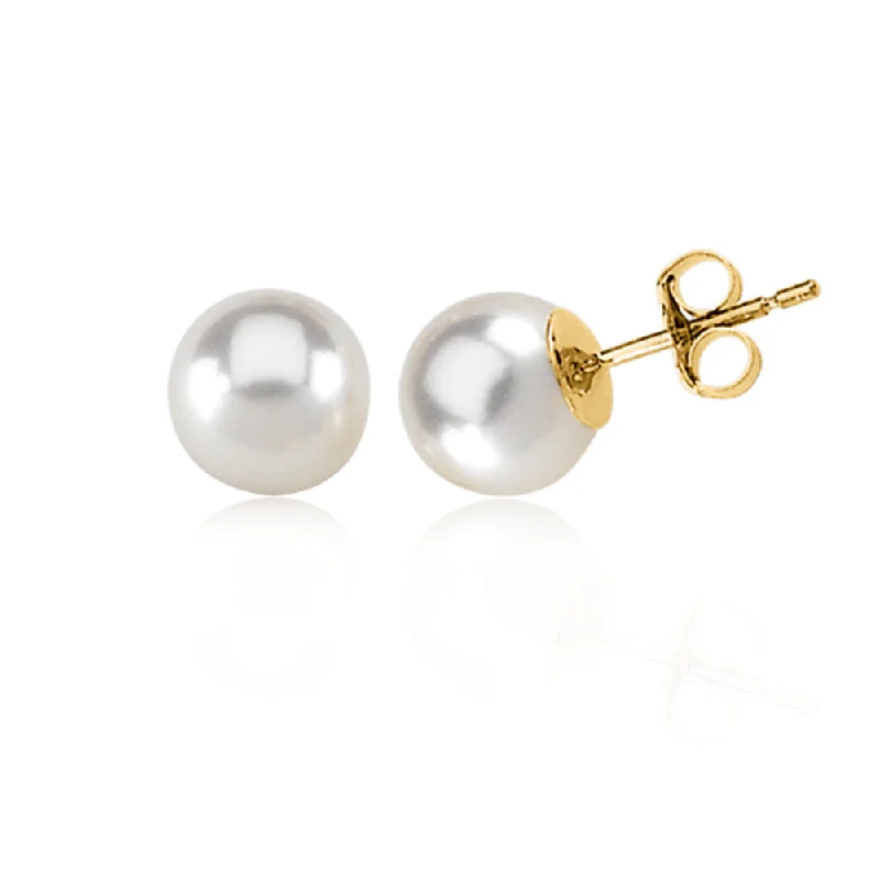 wedding diamond earrings for women -7mm White Akoya Cultured Pearl and 14k Yellow Gold Stud Earrings