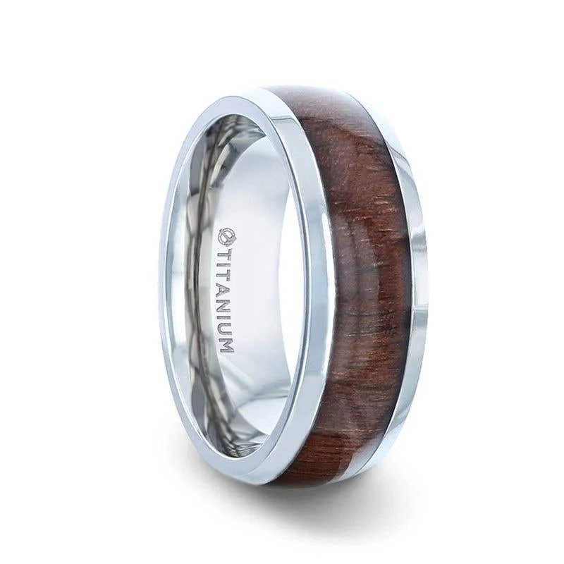 statement necklaces for women -Thorsten CARY Black Walnut Wood Inlaid Titanium Domed Polished Finish Men's Wedding Ring With Beveled Edges - 8mm