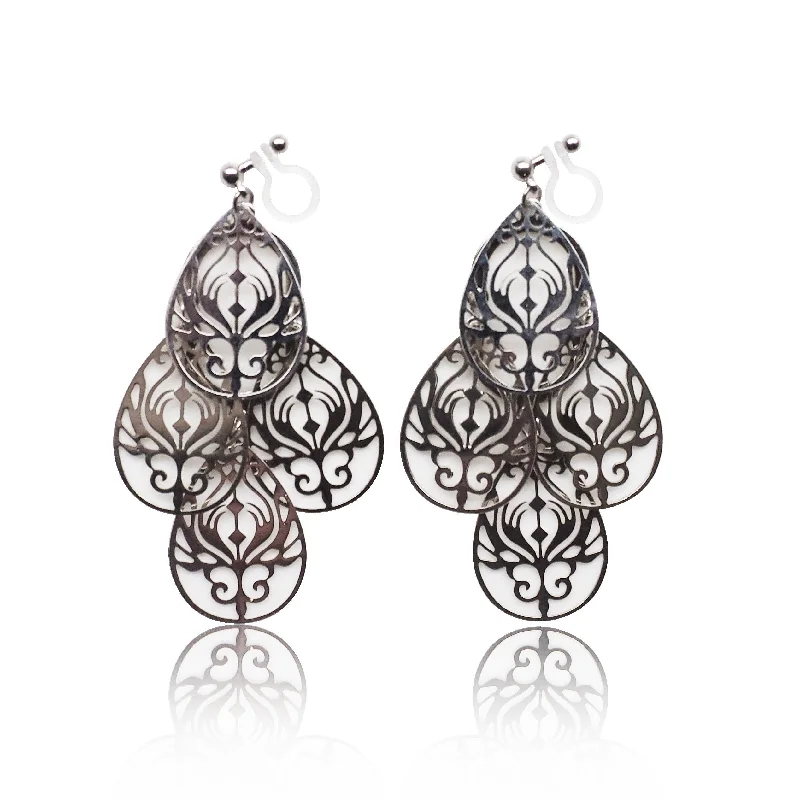 classic pearl earrings for women -Dangle silver filigree invisible clip on earrings