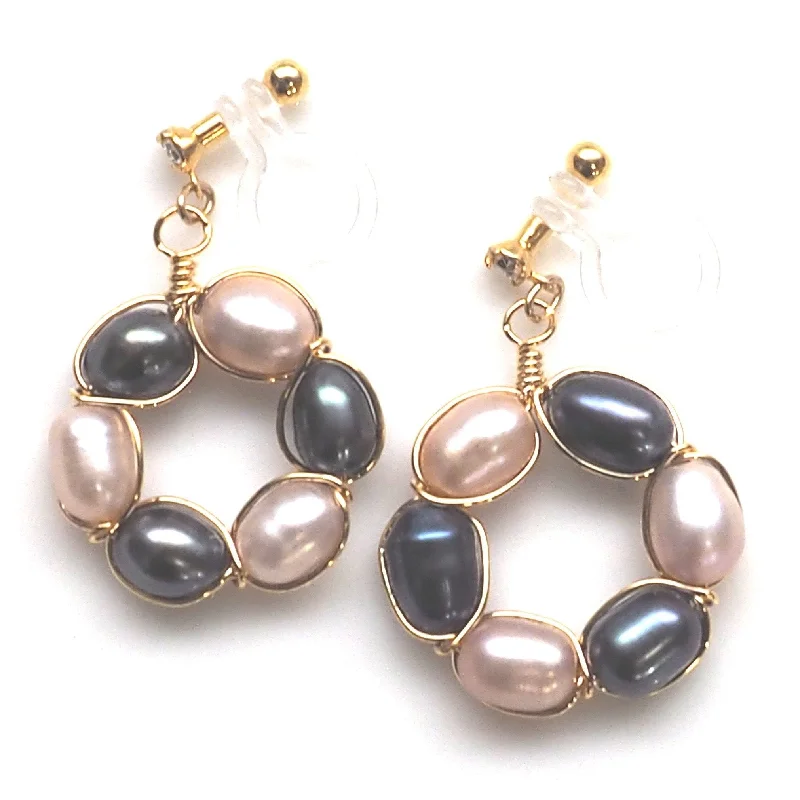 trendy drop earrings for women -Navy blue and pink freshwater pearl invisible clip on earrings