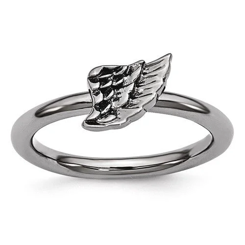 rhinestone necklaces for women -Sterling Silver Stackable Expressions Black Plated Angel Wing Ring