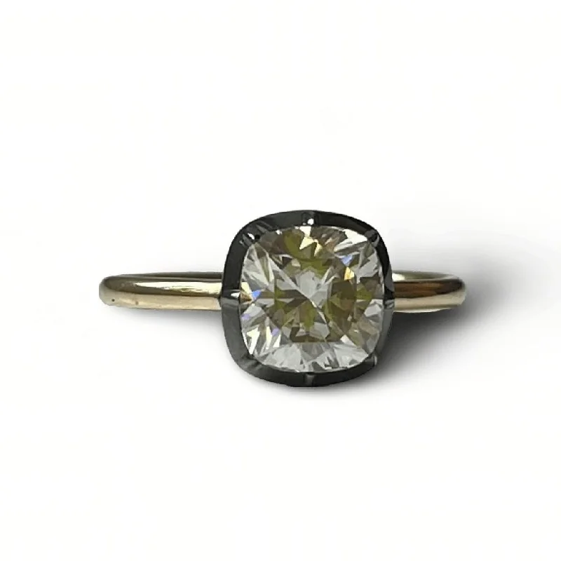 birthstone rings for women -2 Carat Cushion Cut Georgian Victorian Moissanite Ring in 14K Blackened White Gold and Yellow Gold Button Setting