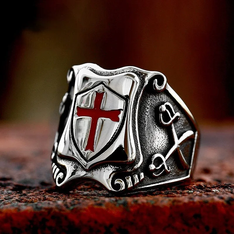 promise rings for couples -Men's Punk Cross Shield Ring