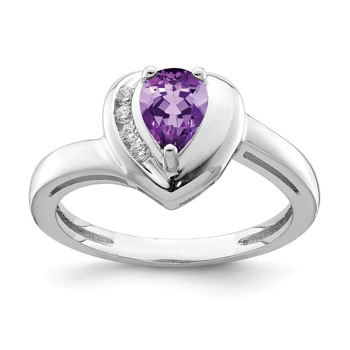 multi-layer necklaces for women -Sterling Silver Amethyst Pear And White Topaz Heart Ring