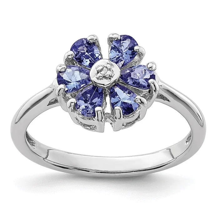 handmade gold necklaces for women -Sterling Silver Genuine Tanzanite And Diamond Flower Ring