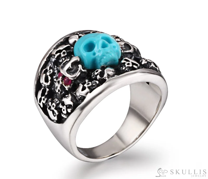 custom engagement rings for women -Gem Skull Ring of American Turquoise Carved Skull in 925 Sterling Silver