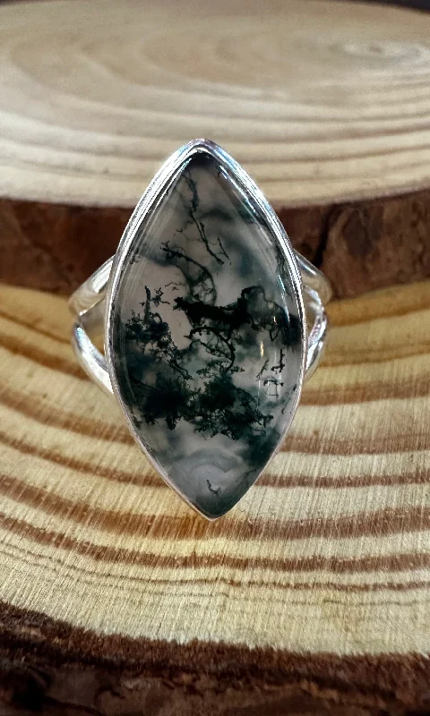 round-cut rings for women -MOSS AGATE and Silver Ring • Size 8