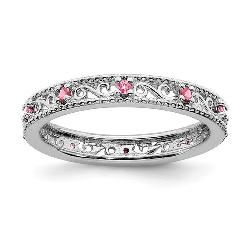 wedding necklaces for women -Sterling Silver Stackable Expressions Created Pink Sapphire Filigree Ring