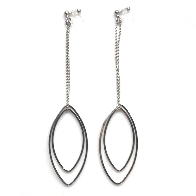 chandelier earrings for women -Dangle silver double oval hoop invisible clip on earrings