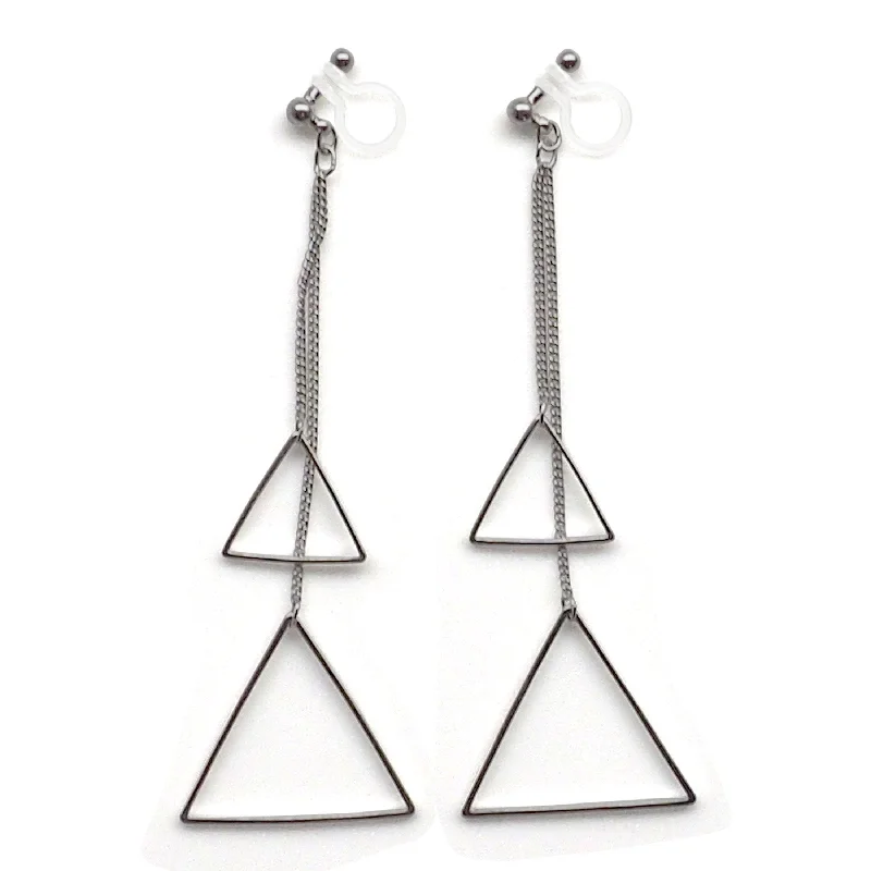 boho earrings for women -Dangle silver double triangle invisible clip on earrings