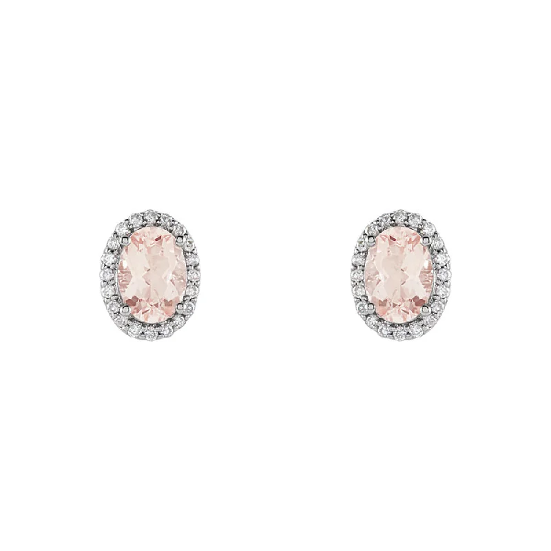 romantic pearl earrings for women -Oval Morganite & Diamond Halo Stud Earrings in 14k White Gold