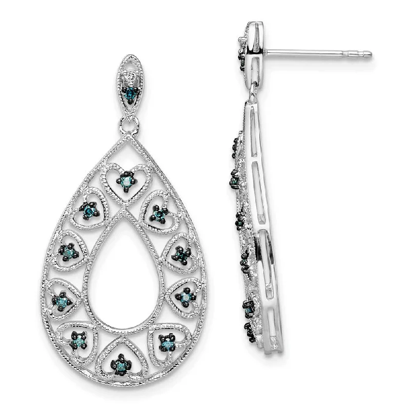 trendy stud earrings for women -Blue & White Diamond Teardrop Heart Dangle Earrings in Sterling Silver