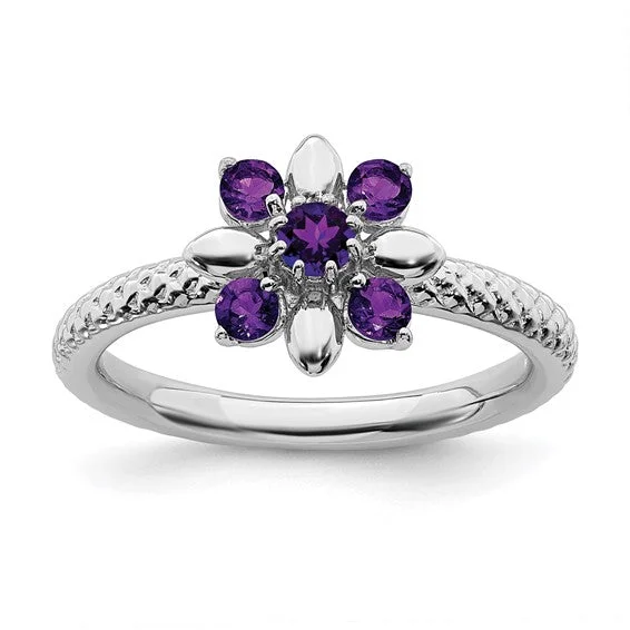 bold necklaces for women -Sterling Silver Stackable Expressions Amethyst Flower Ring