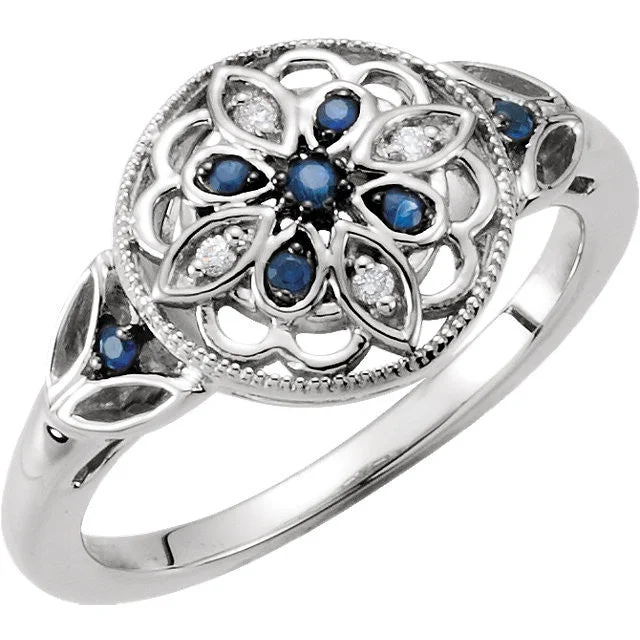 timeless gold necklaces for women -Sterling Silver Genuine Blue Sapphire & Diamond Floral Filigree Ring