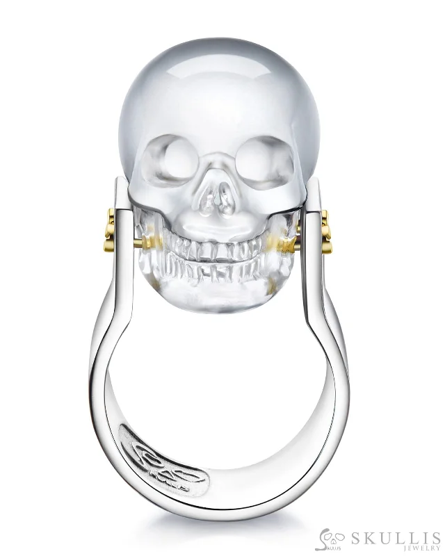 promise rings for women -Gem Skull Ring of Quartz Rock Crystal Carved Skull in 925 Sterling Silver