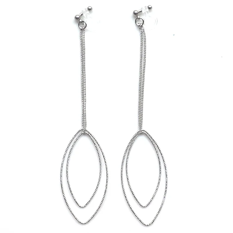 charm earrings for women -Dangle silver double textured marquise hoop invisible clip on earrings