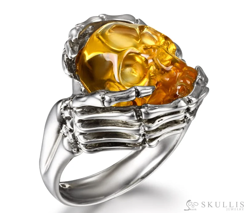 silver rings for women -Gem Skull Ring of Citrine Carved Skull with Silver Skeletal Hands in 925 Sterling Silver