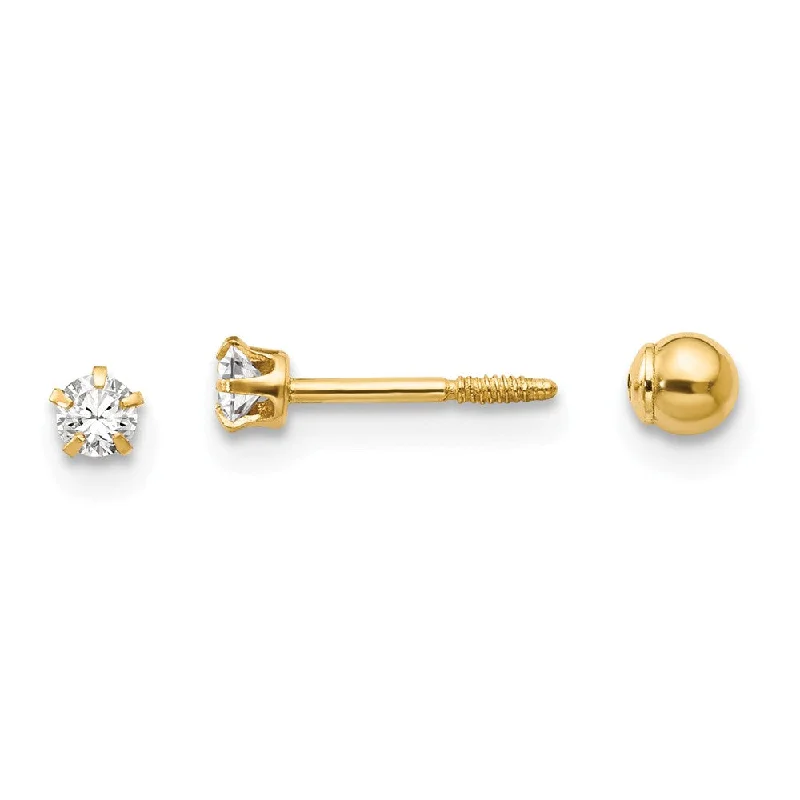 gemstone earrings for women -Kids 14k Yellow Gold & Crystal Reversible 3mm Ball Screw Back Earrings