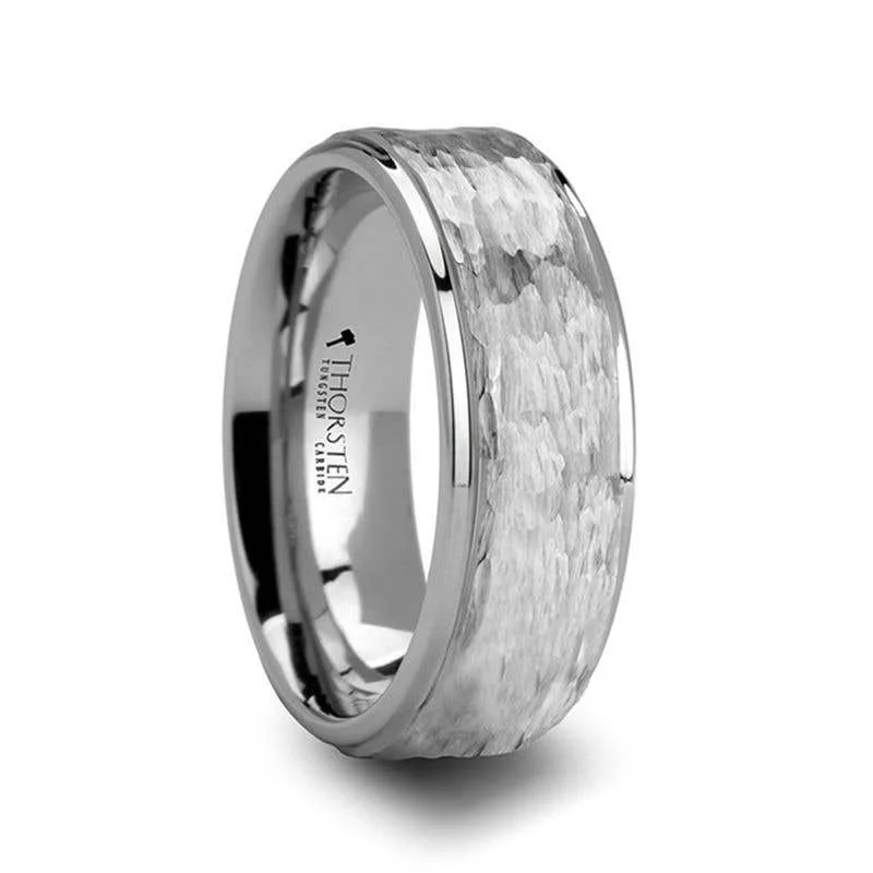 custom necklace pendants for women -Thorsten WILSON White Tungsten Ring with Raised Hammered Finish and Polished Step Edges - 4mm - 10mm