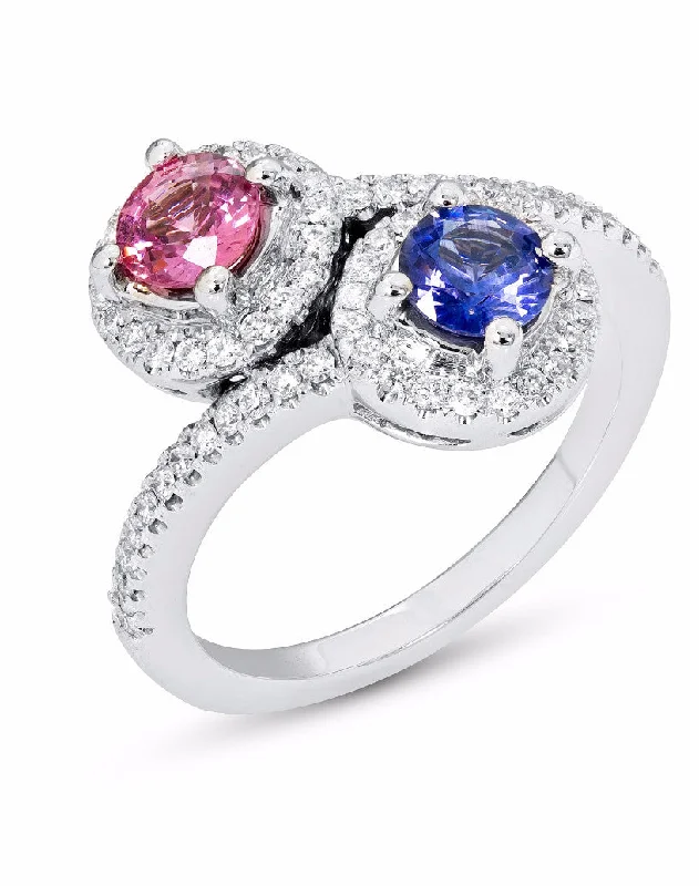 engraved gold necklaces for women -14k White Gold 2-Stone Pink and Blue Sapphire Diamond Halo Ring