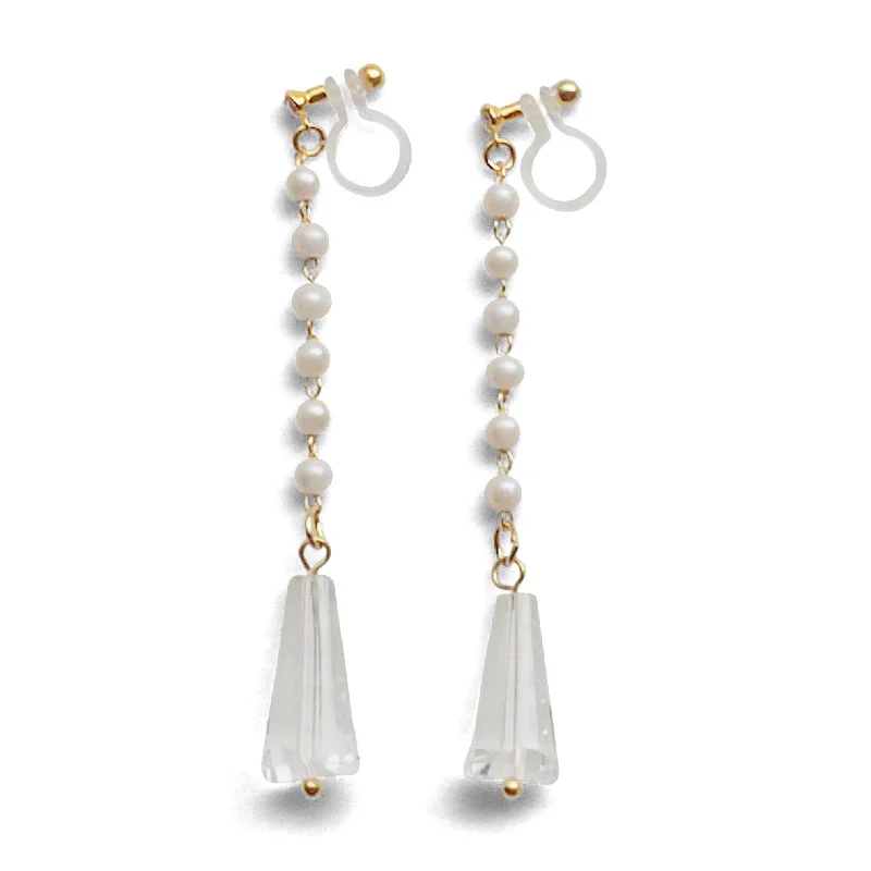 luxury silver earrings for women -Dangle white pearl with triangle clear crystal invisible clip on earrings