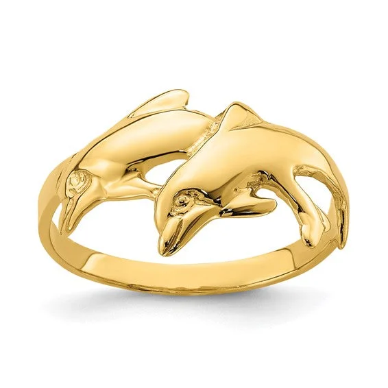 romantic pendant necklaces for women -14K Yellow Gold Double Dolphins Ring