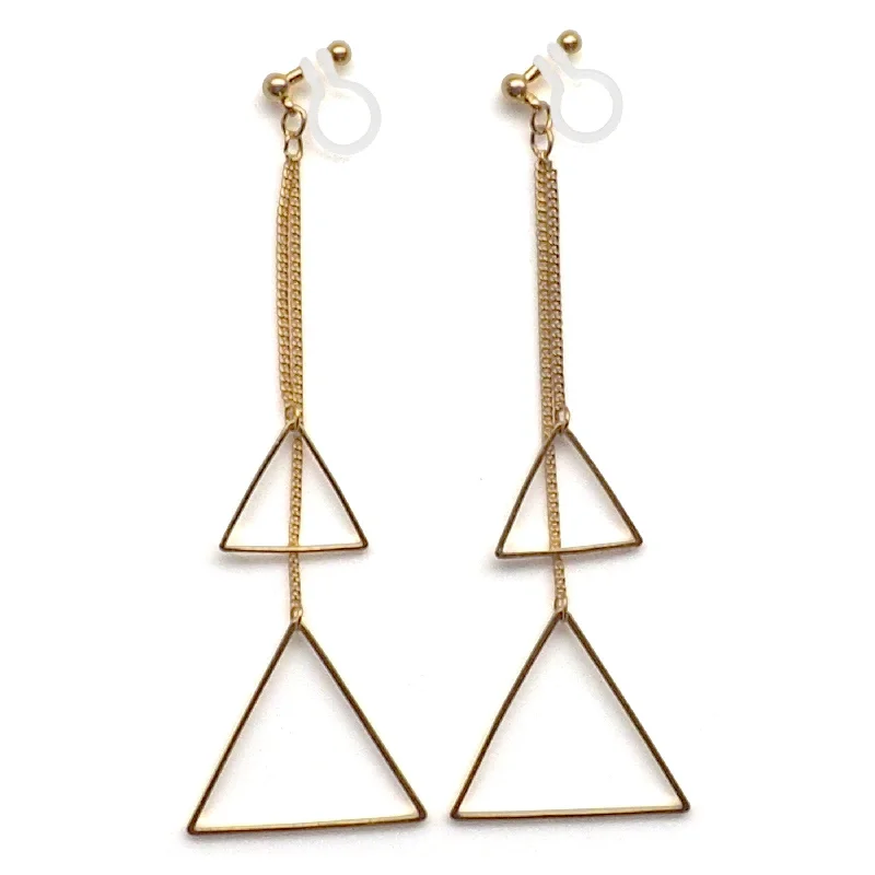 crystal drop earrings for women -Dangle gold double triangle invisible clip on earrings