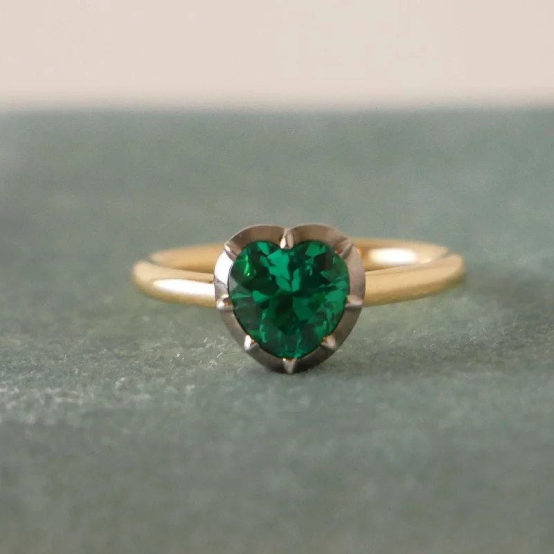 yellow gold rings for women -1.25 Carat Georgian Victorian Heart Shaped Emerald and Blackened Gold Collet Button Back Ring