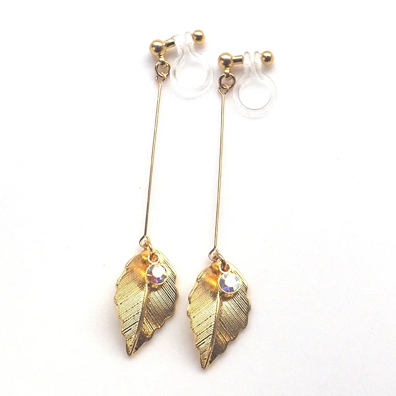 large statement earrings for women -Dangle gold leaf invisible clip on earrings