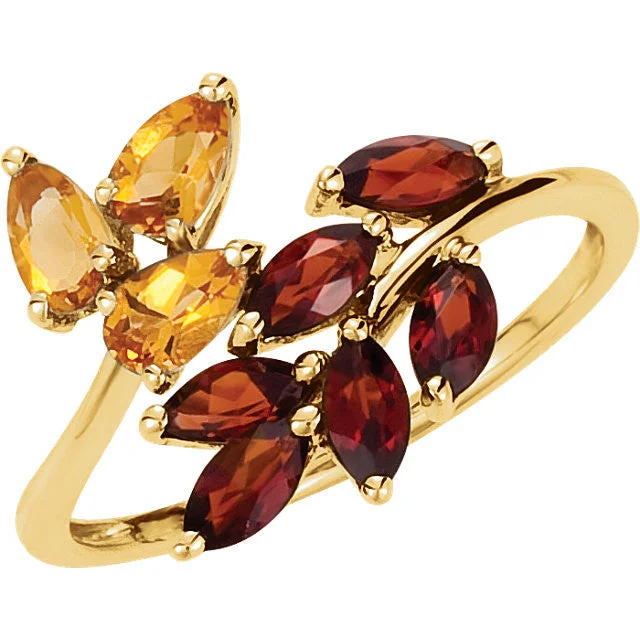 stunning necklaces for women -14k Yellow Gold Citrine & Mozambique Garnet Leaf Bypass Ring