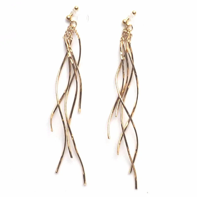 elegant drop earrings for women -Dangle gold waved bars invisible clip on earrings