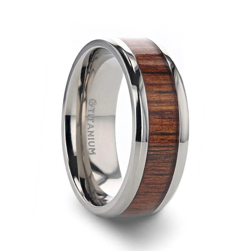 dainty necklaces for women -Thorsten KOAN Titanium Polished Finish Koa Wood Inlaid Men’s Wedding Ring with Beveled Edges - 6mm & 8mm