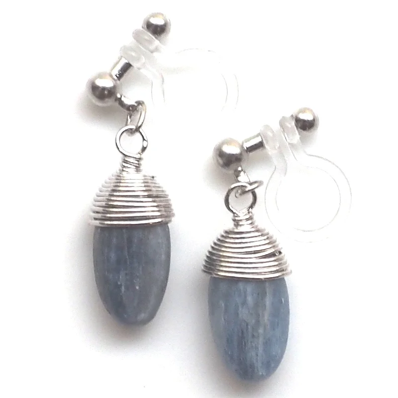 fashion earrings for women -Denim blue kyanite invisible clip on earrings