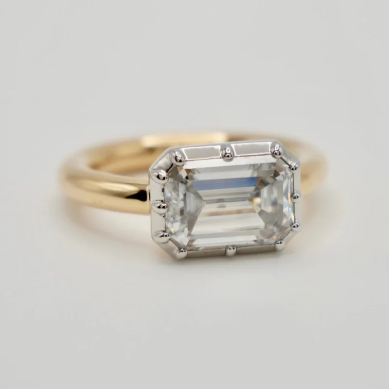 luxury rings for women -Georgian Victorian Moissanite Platinum and Yellow Gold Elongated 3 Ct East West Button Back Collet Ring