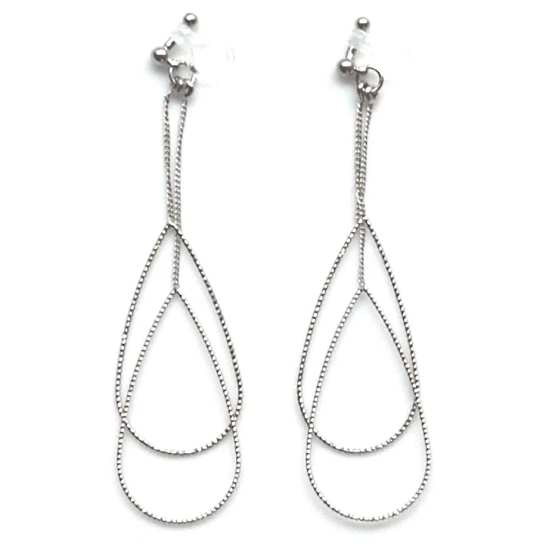 silver hoop earrings for women -Dangle silver double pear hoop invisible clip on earrings