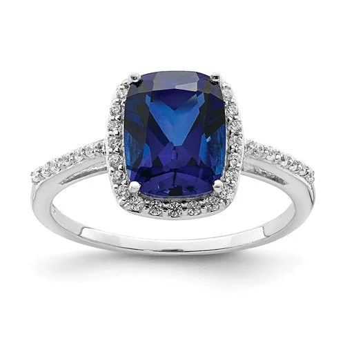 elegant necklaces for women -Sterling Silver Cushion Cut Lab-Created Blue Sapphire & CZ Halo Ring