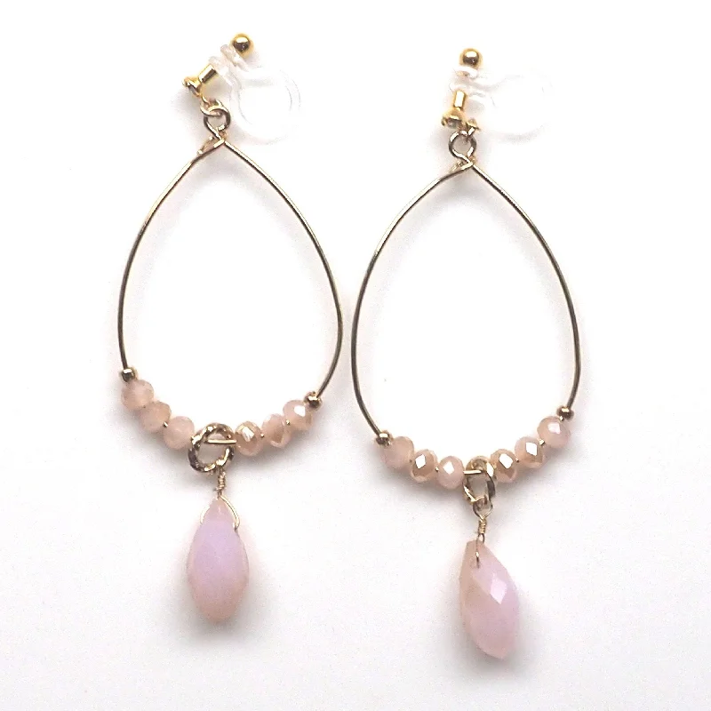 dangling gemstone earrings for women -Pink beads invisible clip on hoop earrings