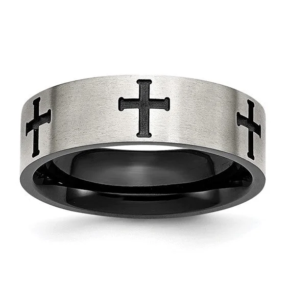 bridal necklaces for women -Stainless Steel Brushed Polished Black IP-plated Crosses 7mm Band