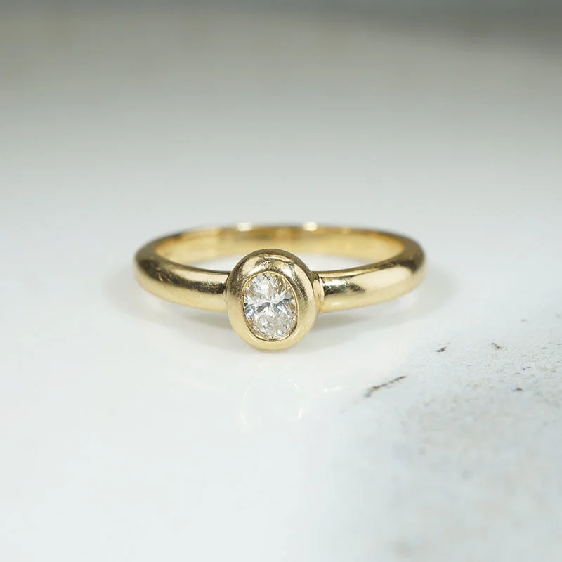 contemporary rings for women -Oval Diamond Bezel Set in Buttery Gold Solitaire Ring