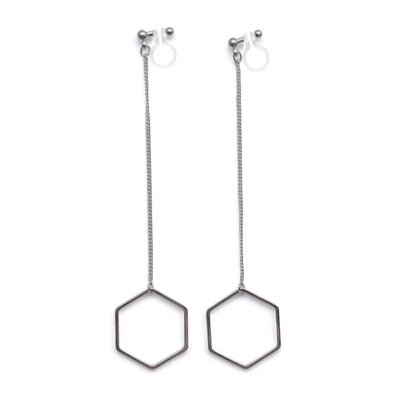 geometric earrings for women -Dangle long silver hexagon invisible clip on earrings